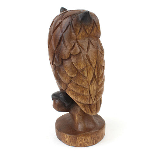 Rear view of carved acacia owl on branch figurine showing full back feather carving and round base