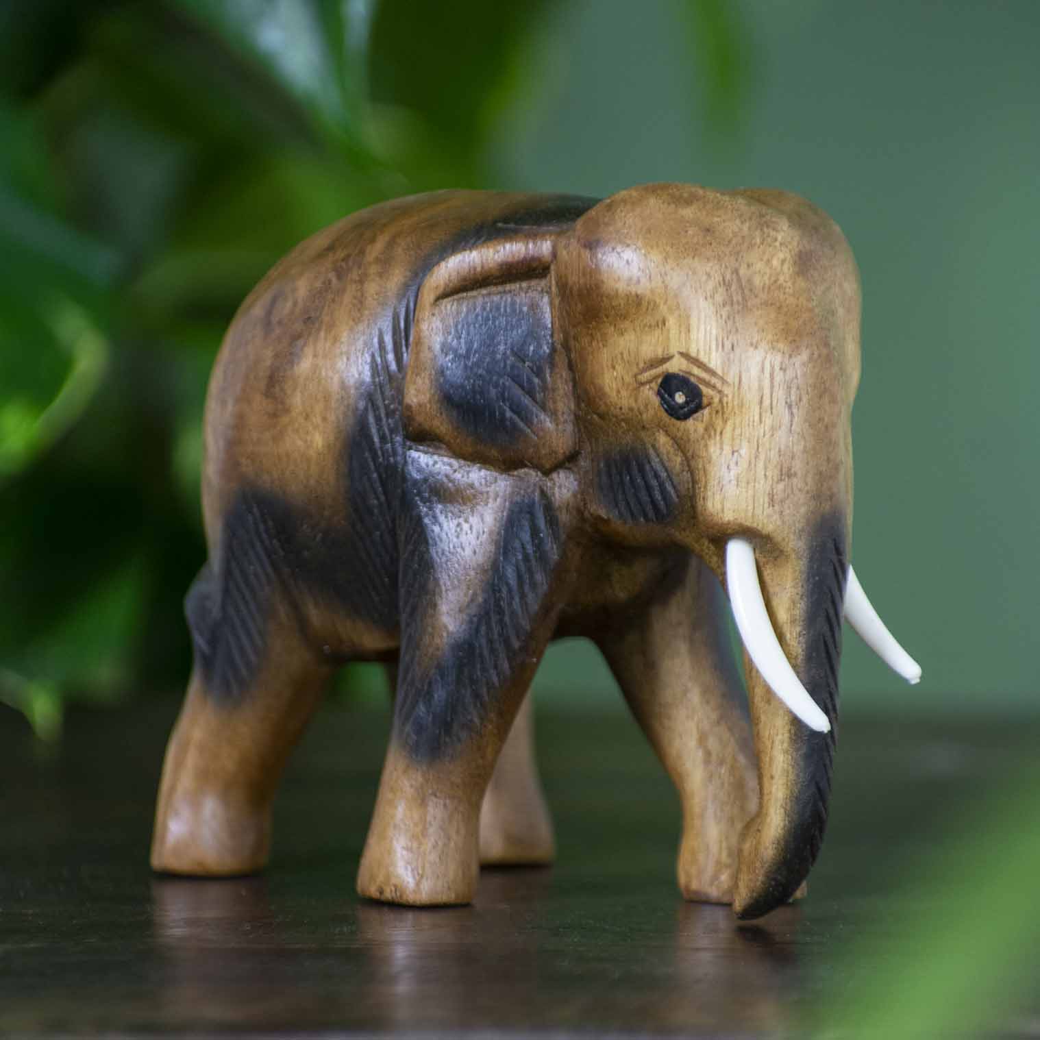 Medium hand-carved Raintree elephant figurine with warm golden-brown grain, side view on dark surface, Thailand