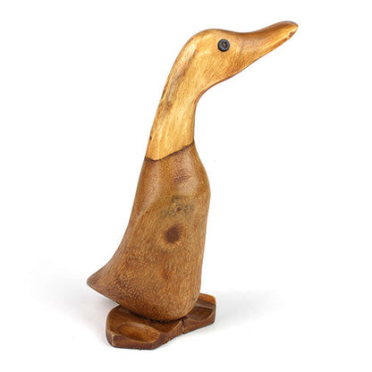 Bamboo root duckling figurine on white background, three-quarter front view showing natural grain variation