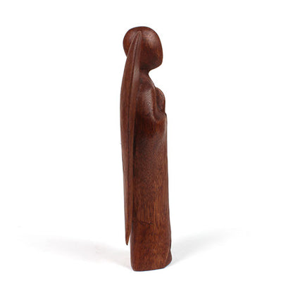 Front view of large abstract angel with wide spread wings in stained Raintree wood