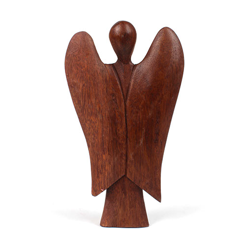 Large abstract wooden angel variant with broad wings, front view on white background