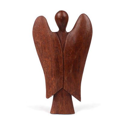 Large abstract wooden angel variant with broad wings, front view on white background