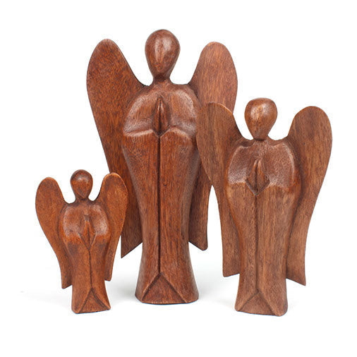 Three abstract wooden angel carvings in small, medium and large sizes, Balinese Raintree wood