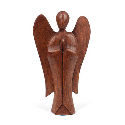Front view of large abstract wooden angel in Raintree, smooth stained finish, white background