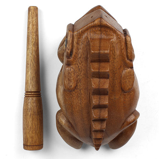 Top-down view of medium acacia frog guiro and striker laid alongside showing ridged back and scale