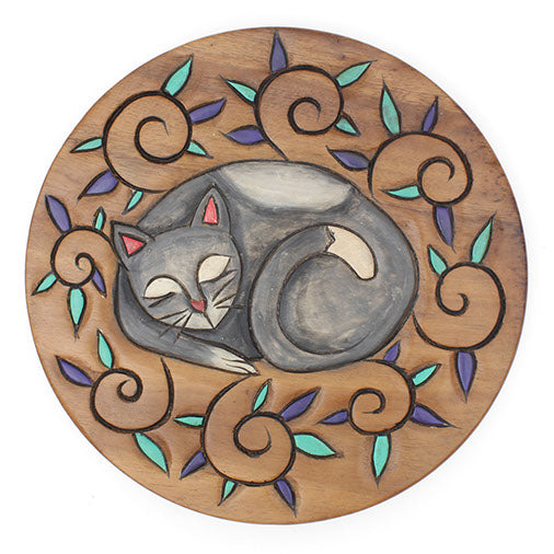 Top-down view of Raintree wood stool seat with carved sleeping cat in grey and white, ringed by painted scrolling leaves, Tha
