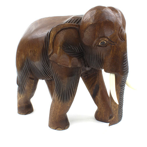 Extra large carved Raintree wood elephant, three-quarter front view showing broad head and tusks, white background