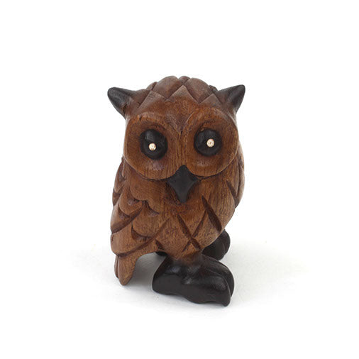 Carved acacia owl figurine, front view on white background showing feather detail and dark talons