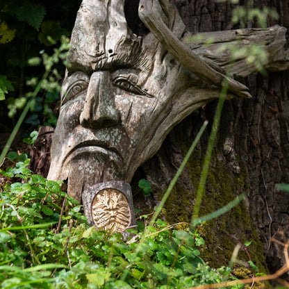Small Green Man trunk carving nestled at the base of a large weathered tree sculpture in a woodland garden