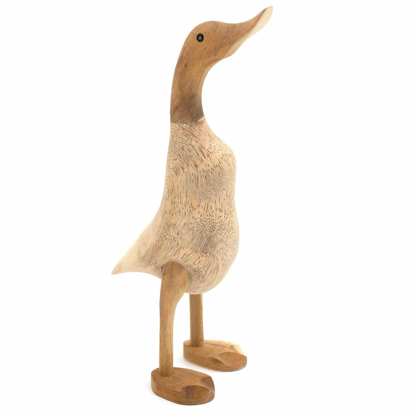 Carved bamboo root duck in natural finish, three-quarter front view showing open grain texture, white background