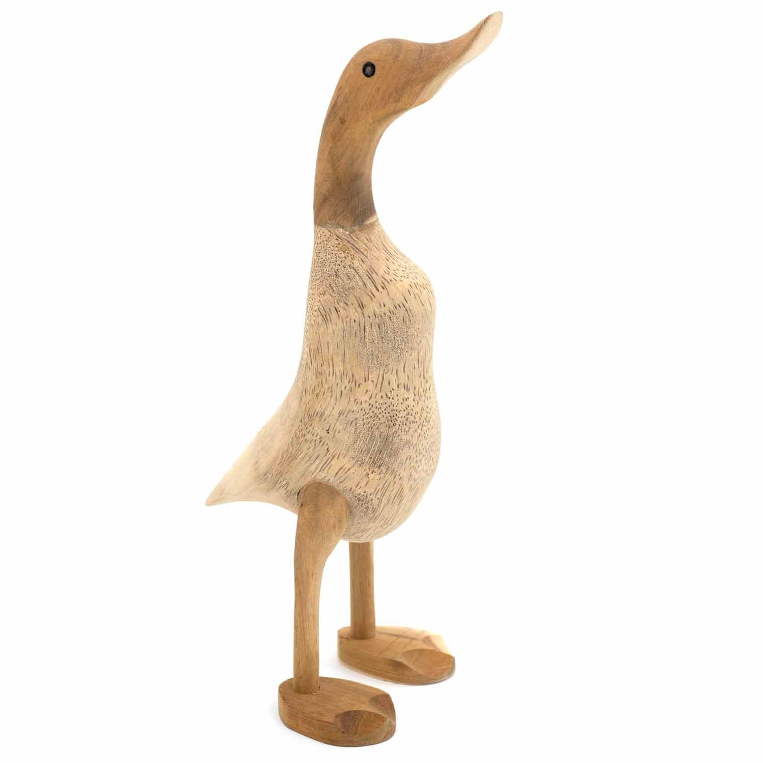 Carved bamboo root duck in natural finish, three-quarter front view showing open grain texture, white background