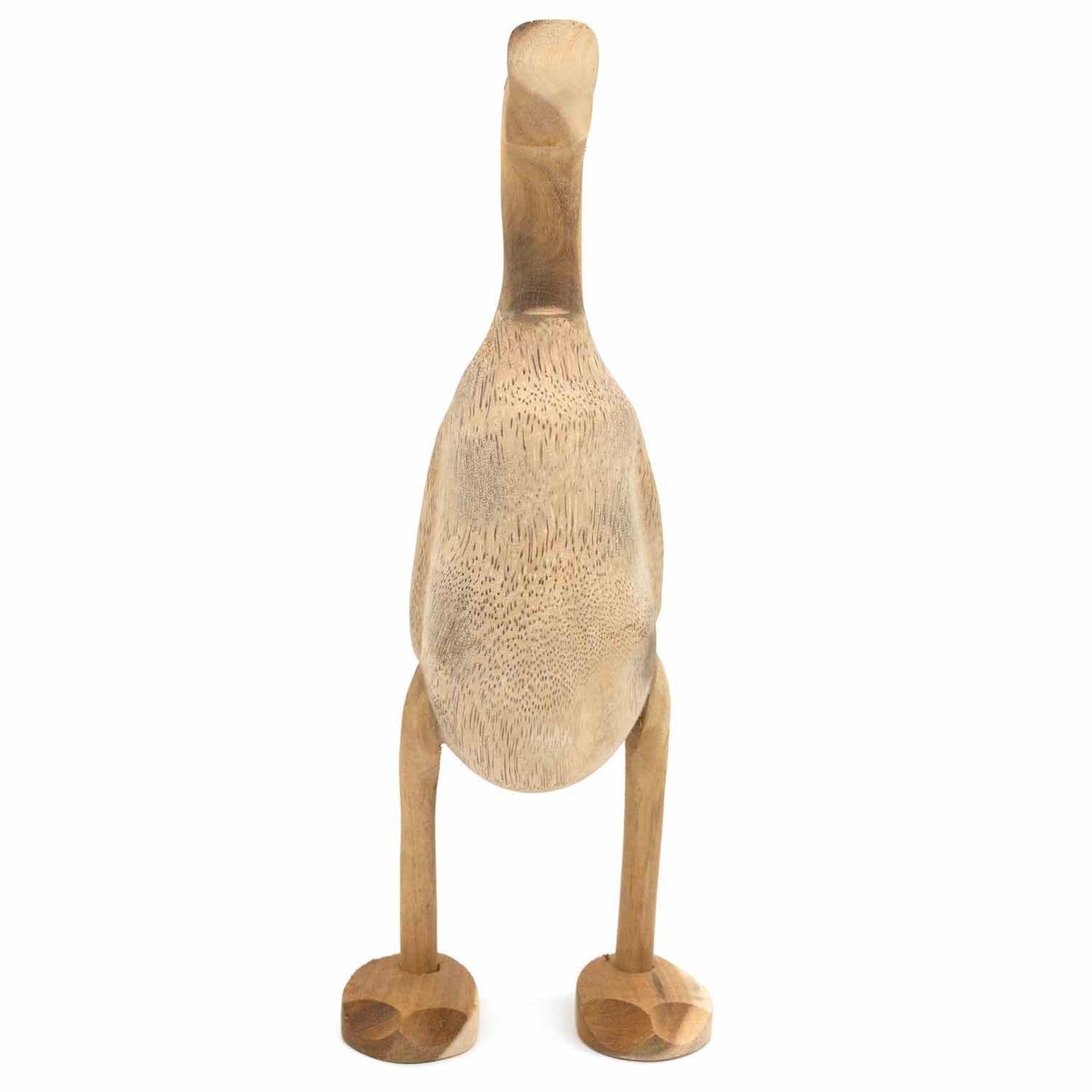 Bamboo root duck from behind, showing pale open grain across the body and carved feet, white background