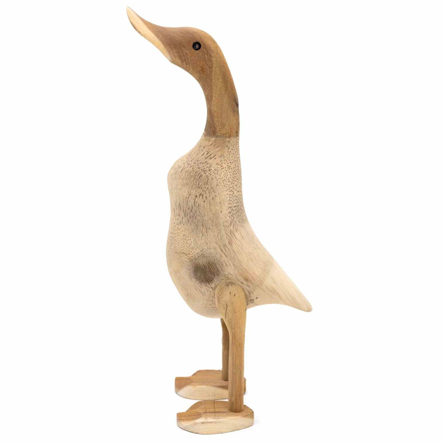 Natural bamboo root duck, side view showing neck and beak detail with darker root grain, white background