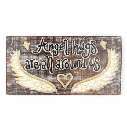 Alternative colourway of Angel Hugs plaque showing white-painted wings and gold heart on dark wood grain