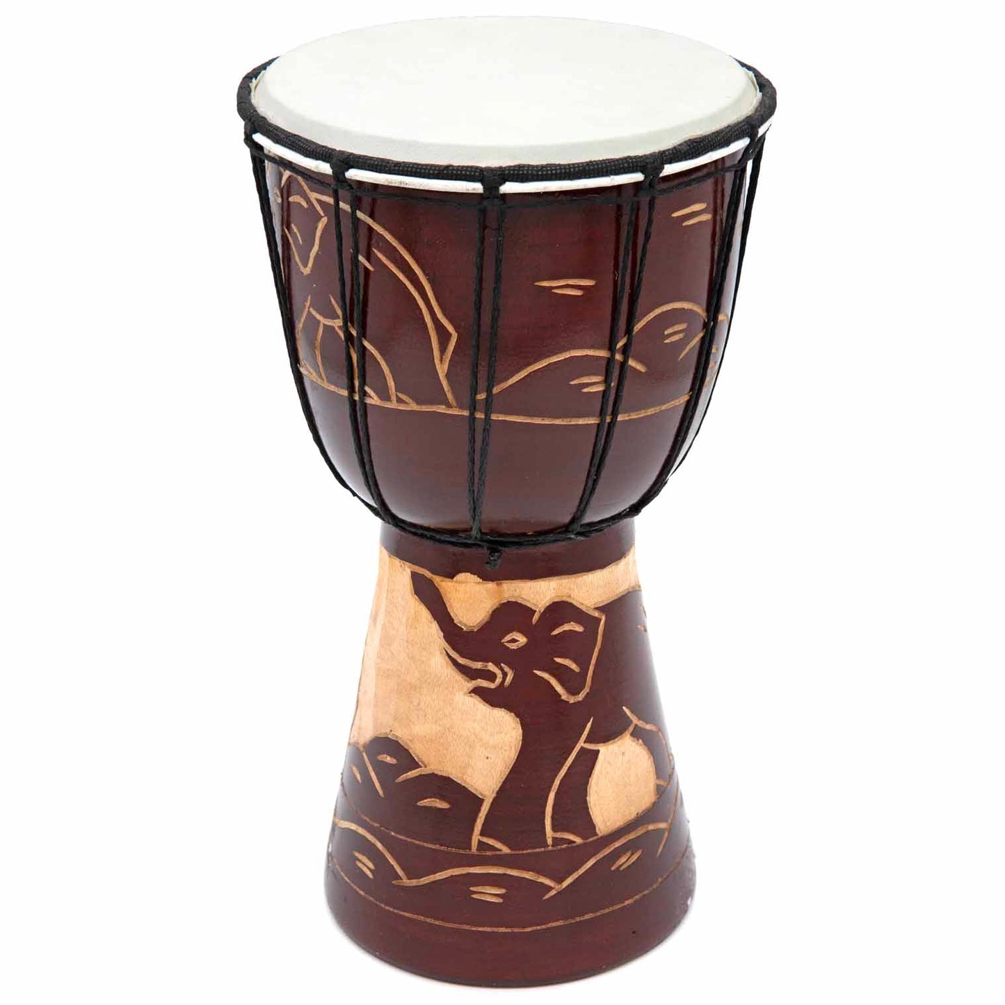 Carved wood djembe drum 30cm with elephant motif on base, deep red-brown stain and goatskin head, Indonesia, full view