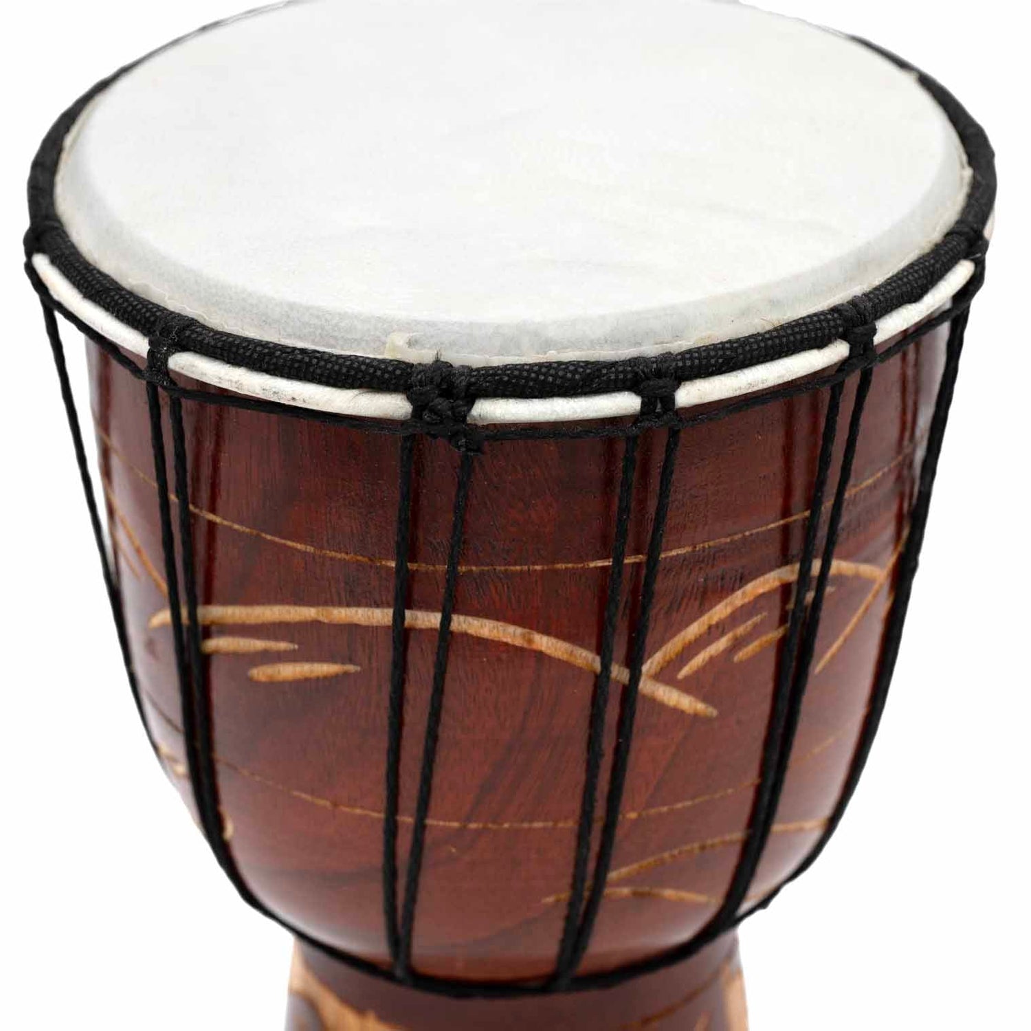 Close-up of goatskin head and black lacing on carved wood djembe drum, Indonesia