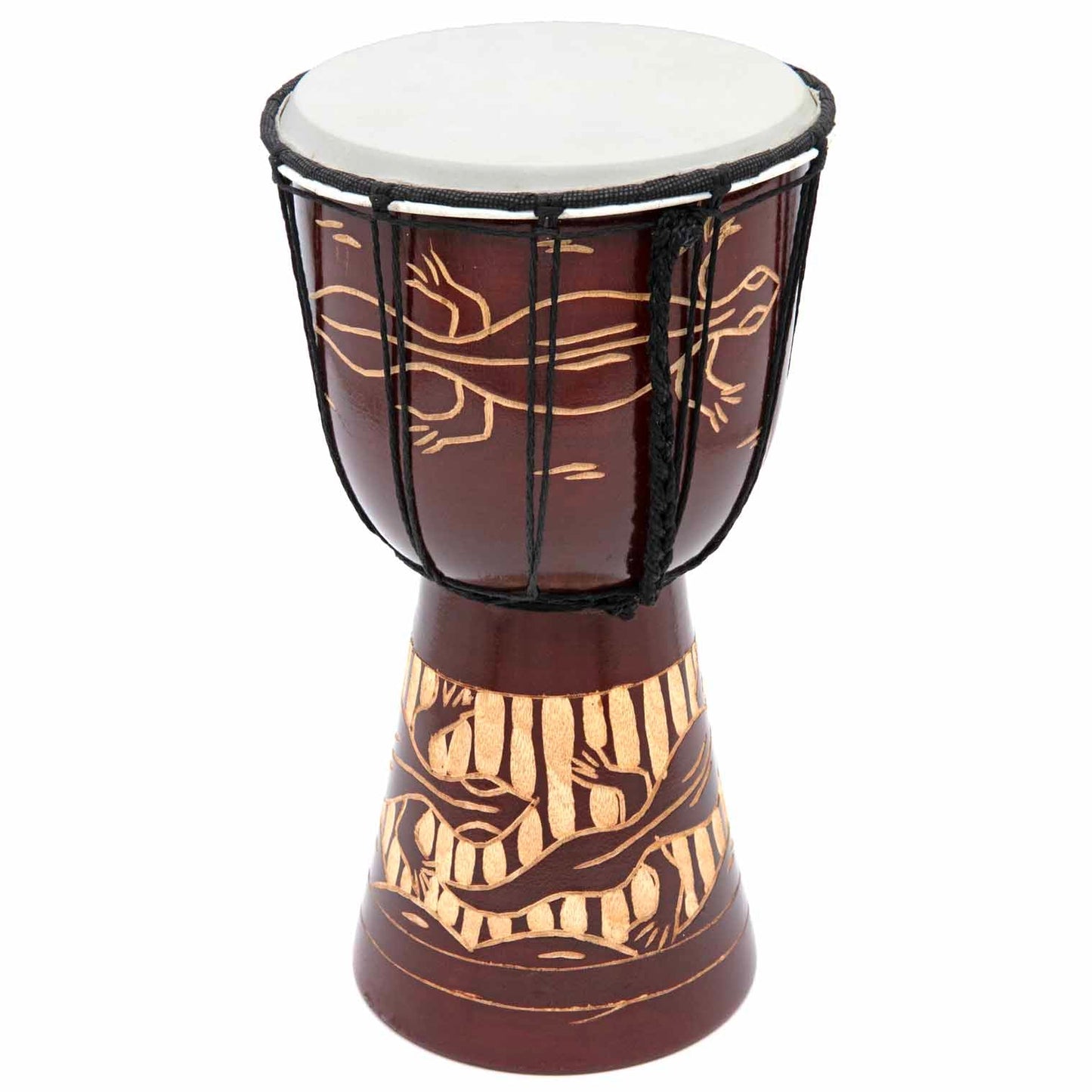 Carved wood djembe drum 30cm with gecko motif on base, deep red-brown stain and goatskin head, Indonesia, full view
