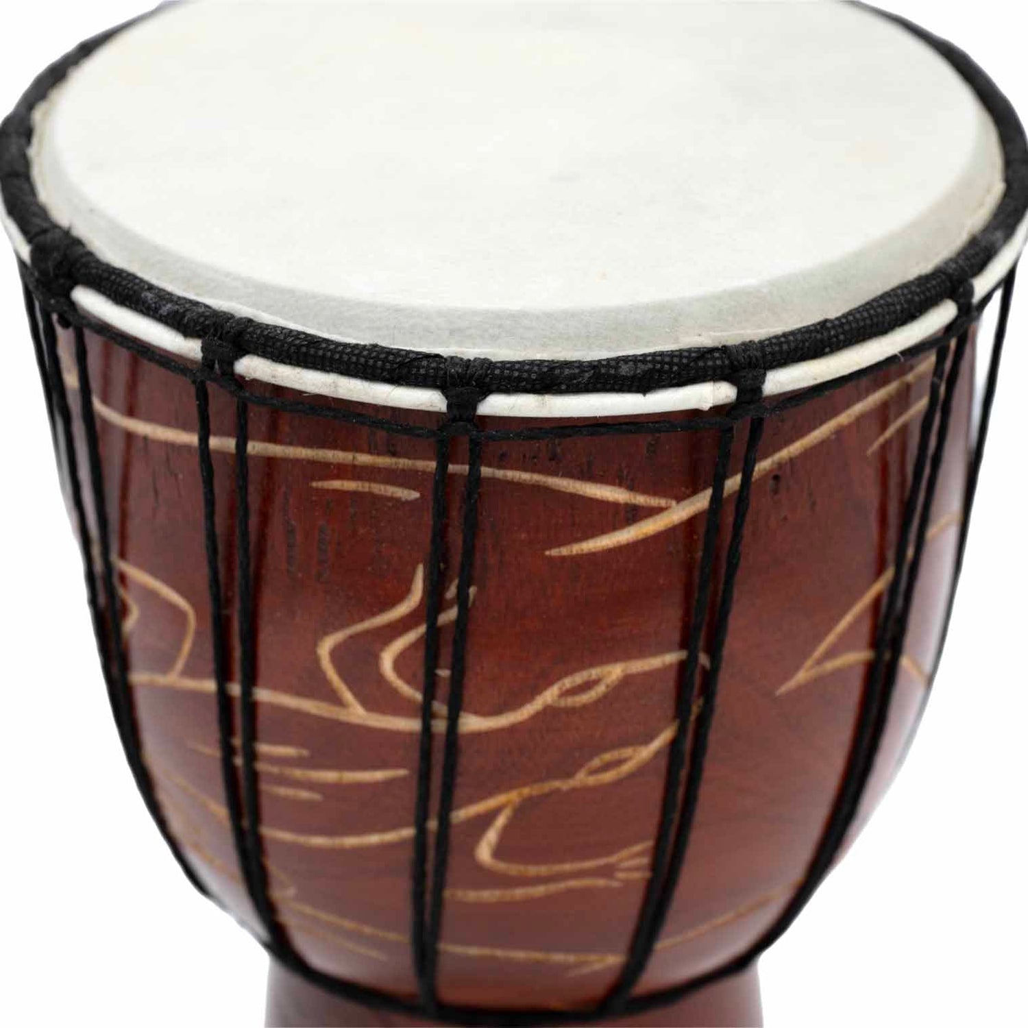 Close-up of goatskin head and black cord lacing on carved gecko djembe drum, Indonesia