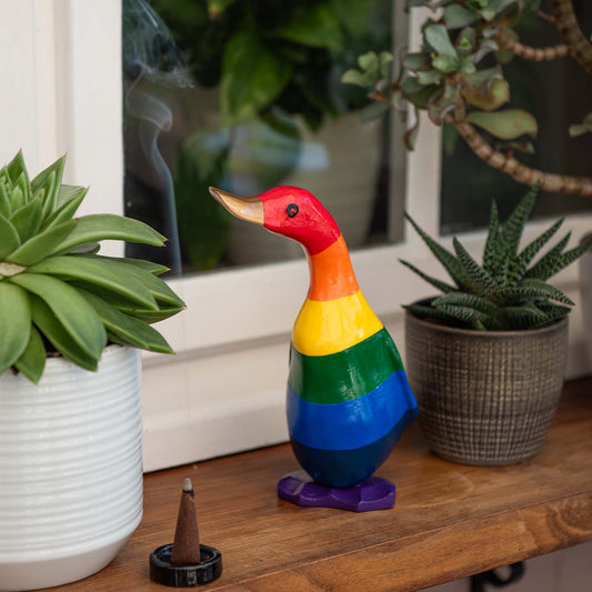 Small rainbow-painted bamboo root duckling on a wooden shelf among succulents, Indonesia