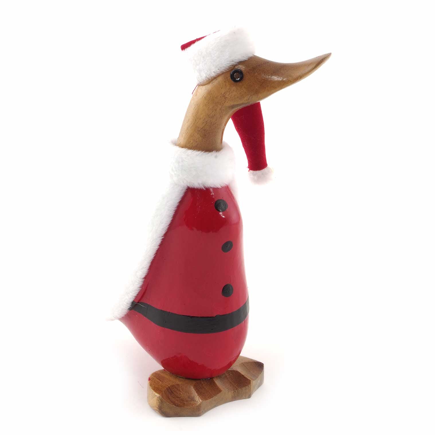 Carved bamboo root Santa duckling in red gloss coat with black belt and fabric hat, side view on white background