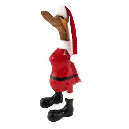 Bamboo root Santa duck, opposite side view showing fabric coat, natural root beak and black painted boots, white background