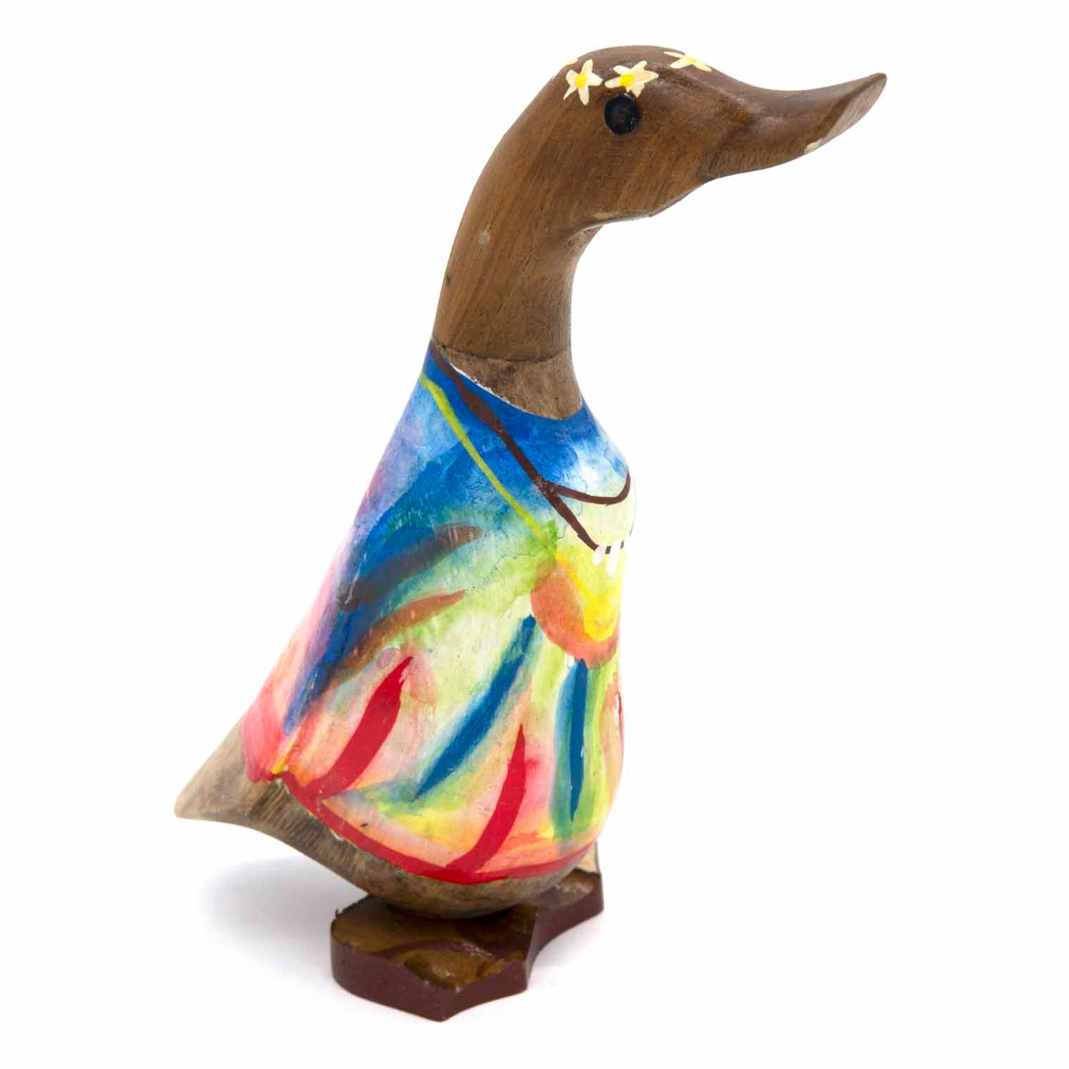 Tie-dye bamboo root duck with flower crown, three-quarter view showing brighter colour variant