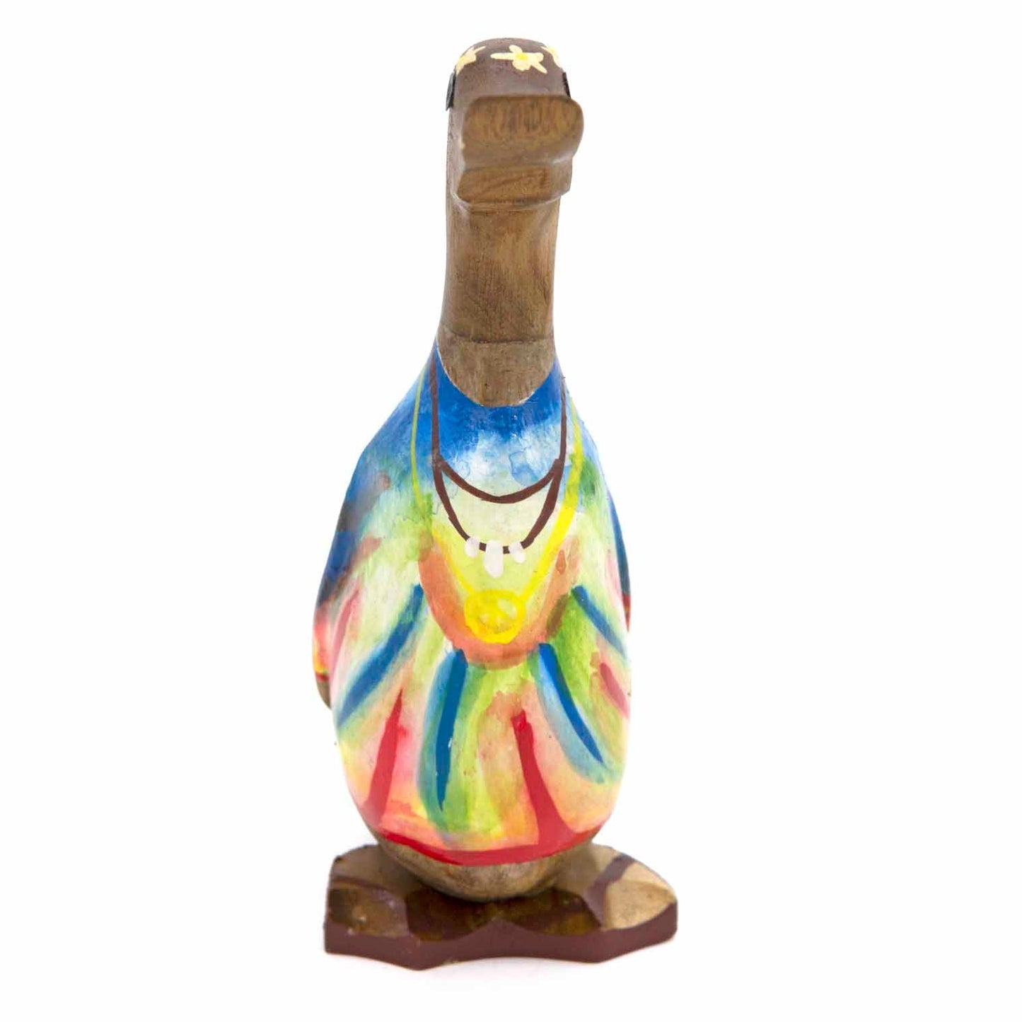 Front-on view of tie-dye bamboo duck showing full body and painted feet