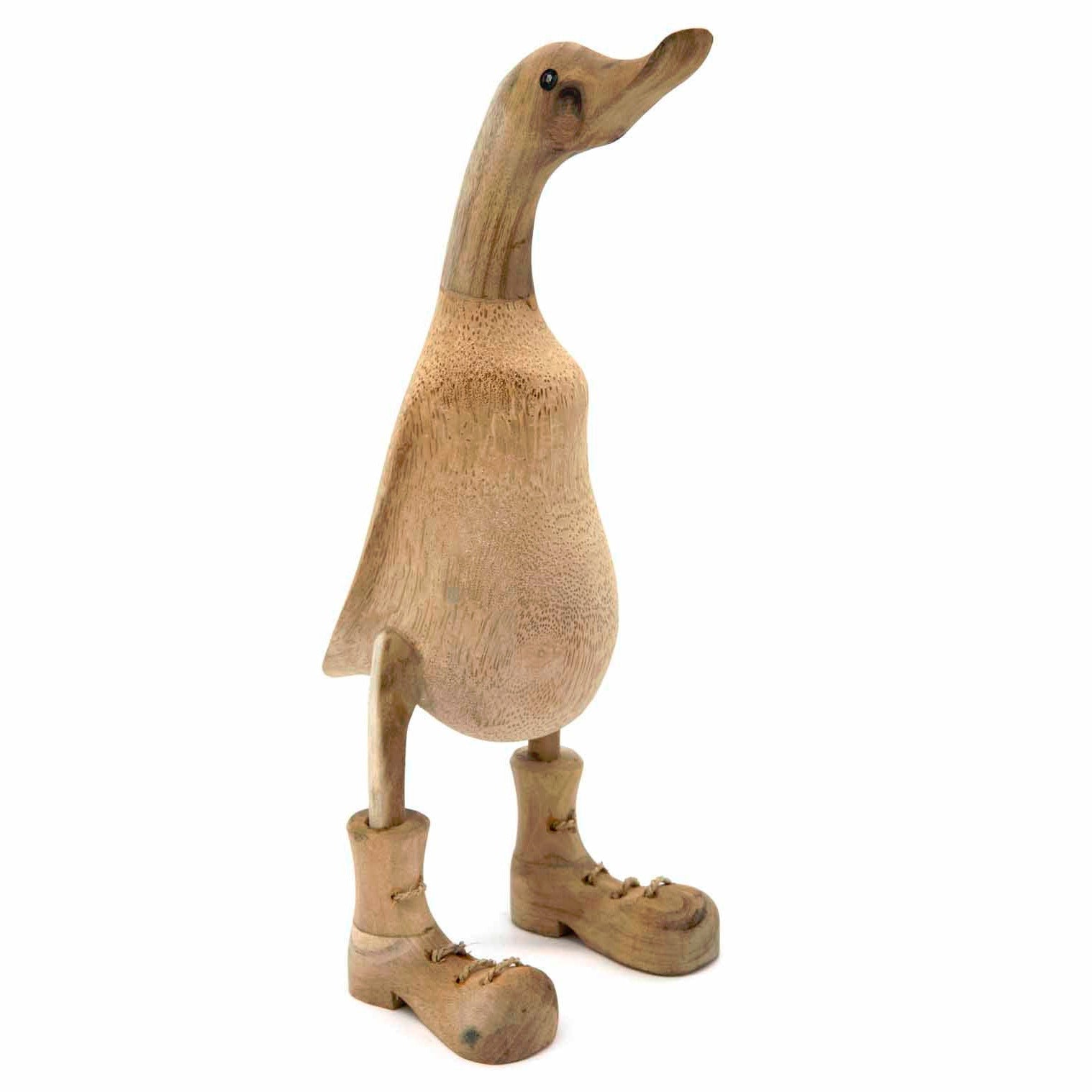 Large natural bamboo root duck with lace-up boots, three-quarter view on white background showing root texture