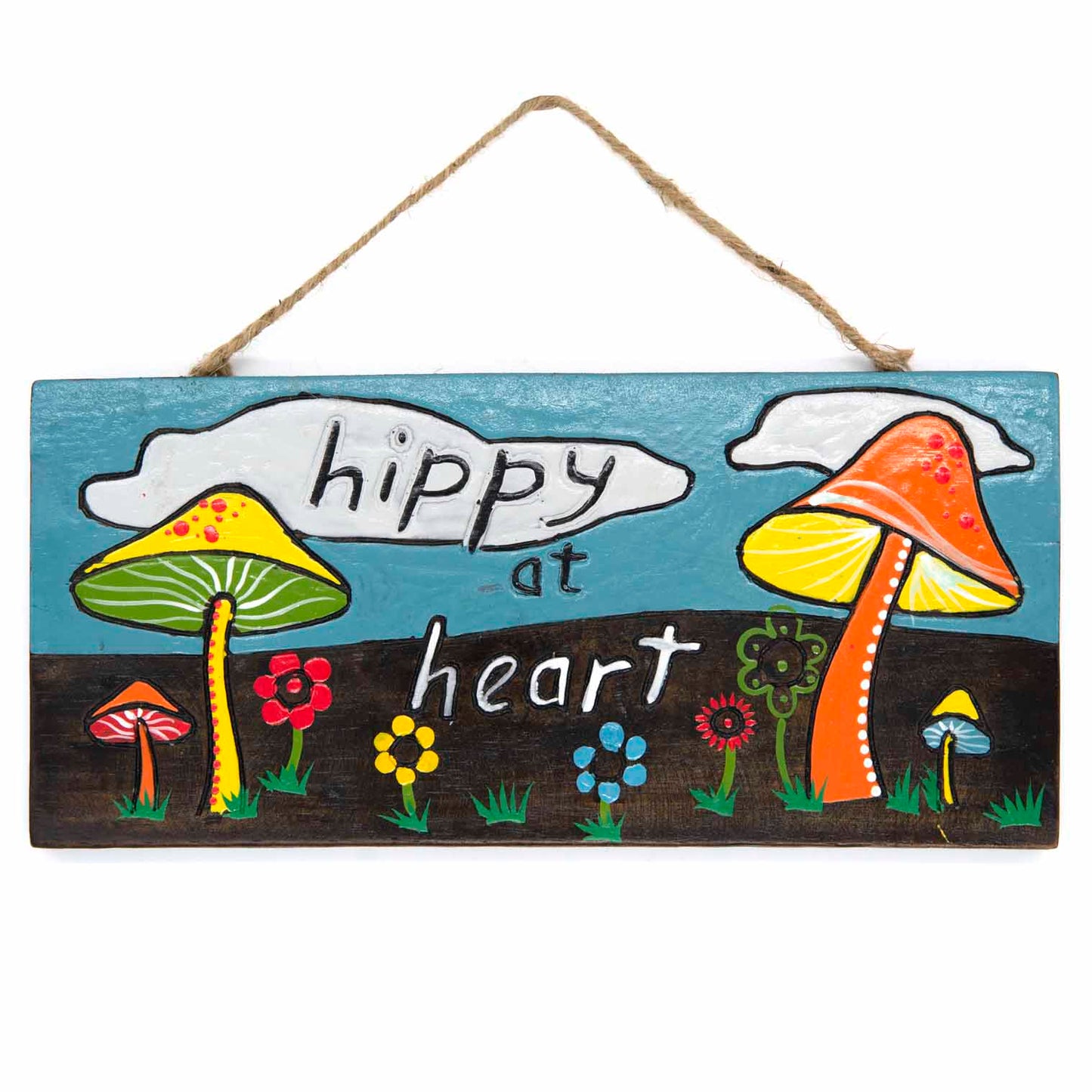 Front view of Hippy at Heart plaque on white background, full detail of blue sky, green and orange toadstools and flower bord