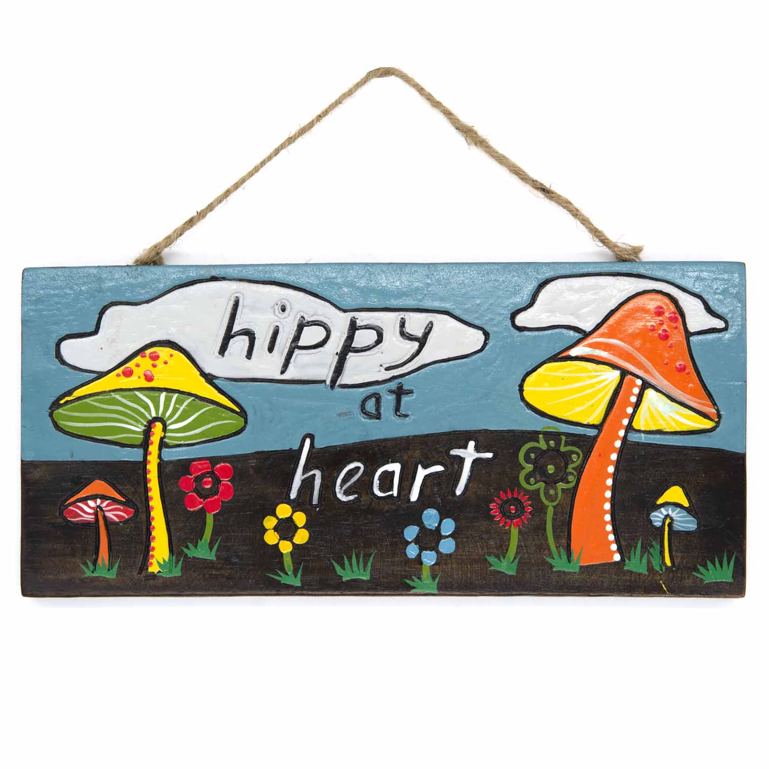 Front view of Hippy at Heart plaque on white background, full detail of blue sky, green and orange toadstools and flower bord