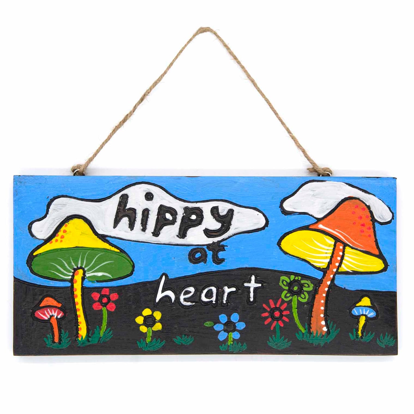 Alternative colourway of Hippy at Heart plaque with brighter blue sky ground and bolder toadstool colours, front view