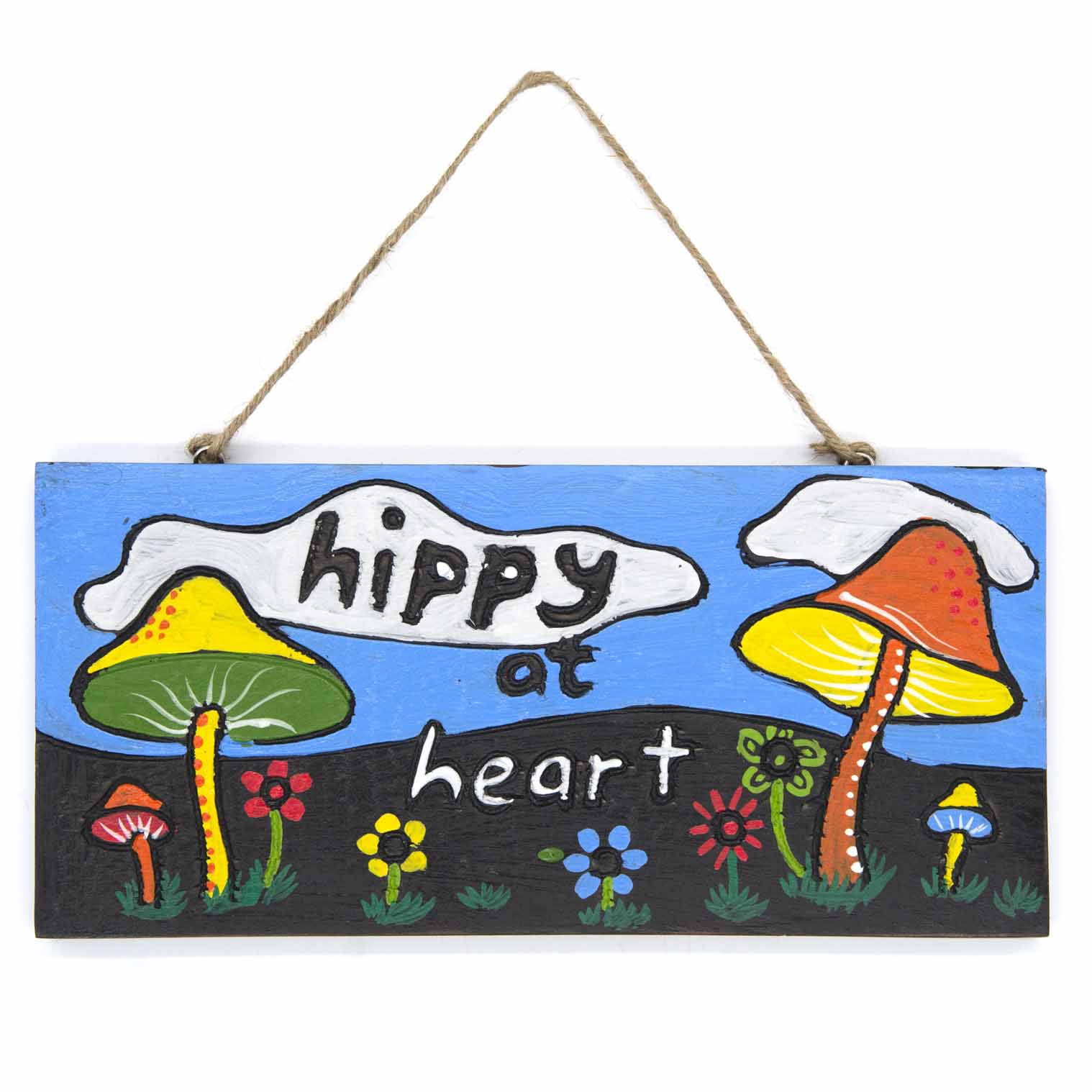 Alternative colourway of Hippy at Heart plaque with brighter blue sky ground and bolder toadstool colours, front view