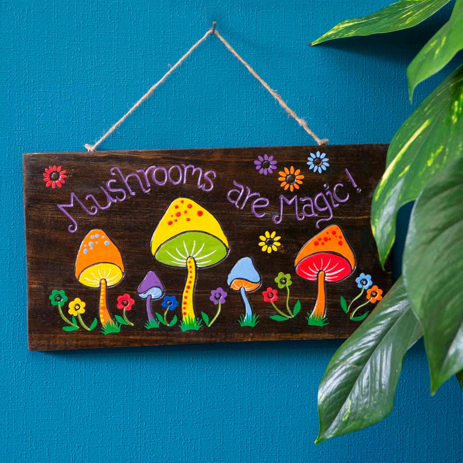 Mushrooms Are Magic wood sign hung on a blue wall, purple lettering and multicolour mushrooms on dark stained plank, Indonesi