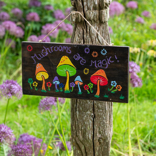 Mushrooms Are Magic painted wood sign hanging from twine on a wooden post, colourful fungi and flowers on dark ground, garden