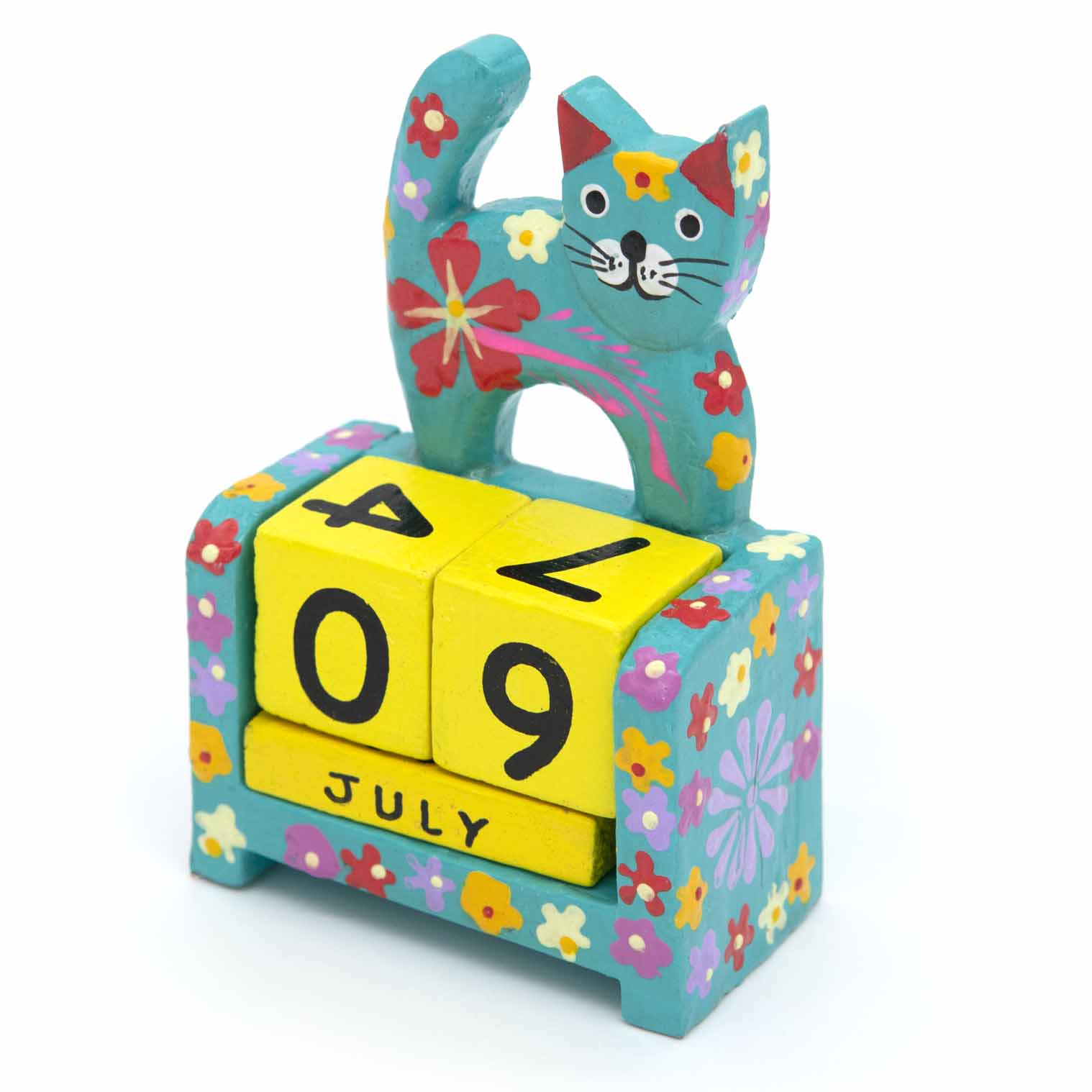 Teal painted wooden cat calendar with yellow date blocks showing July, front view on white