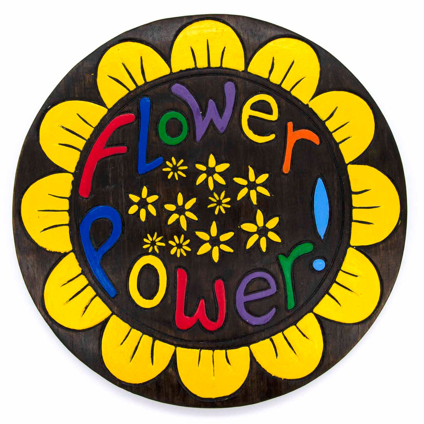 Front view of Flower Power painted wood disc on white background, yellow petal border and multicolour Flower Power lettering