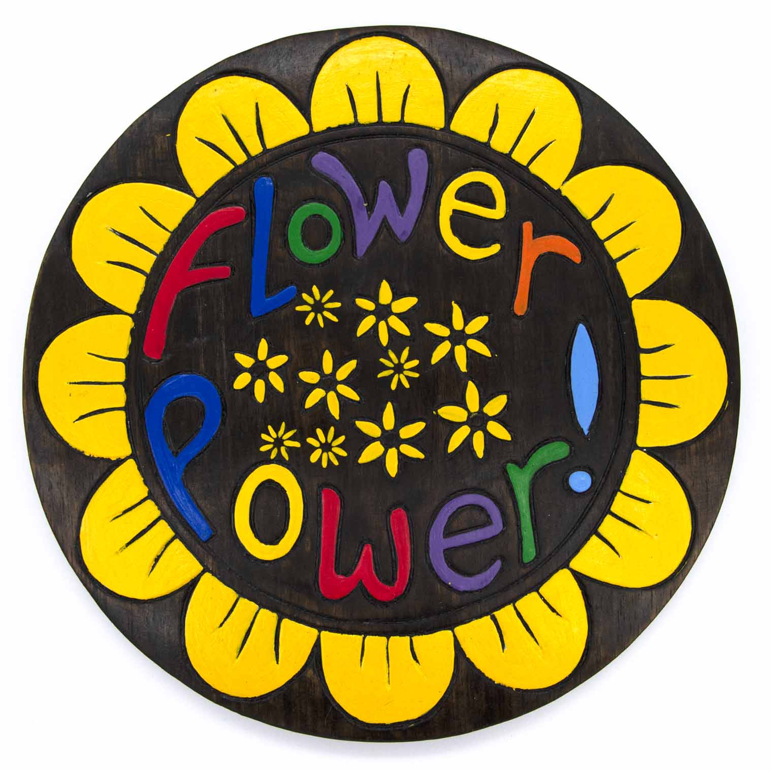Front view of Flower Power painted wood disc on white background, yellow petal border and multicolour Flower Power lettering