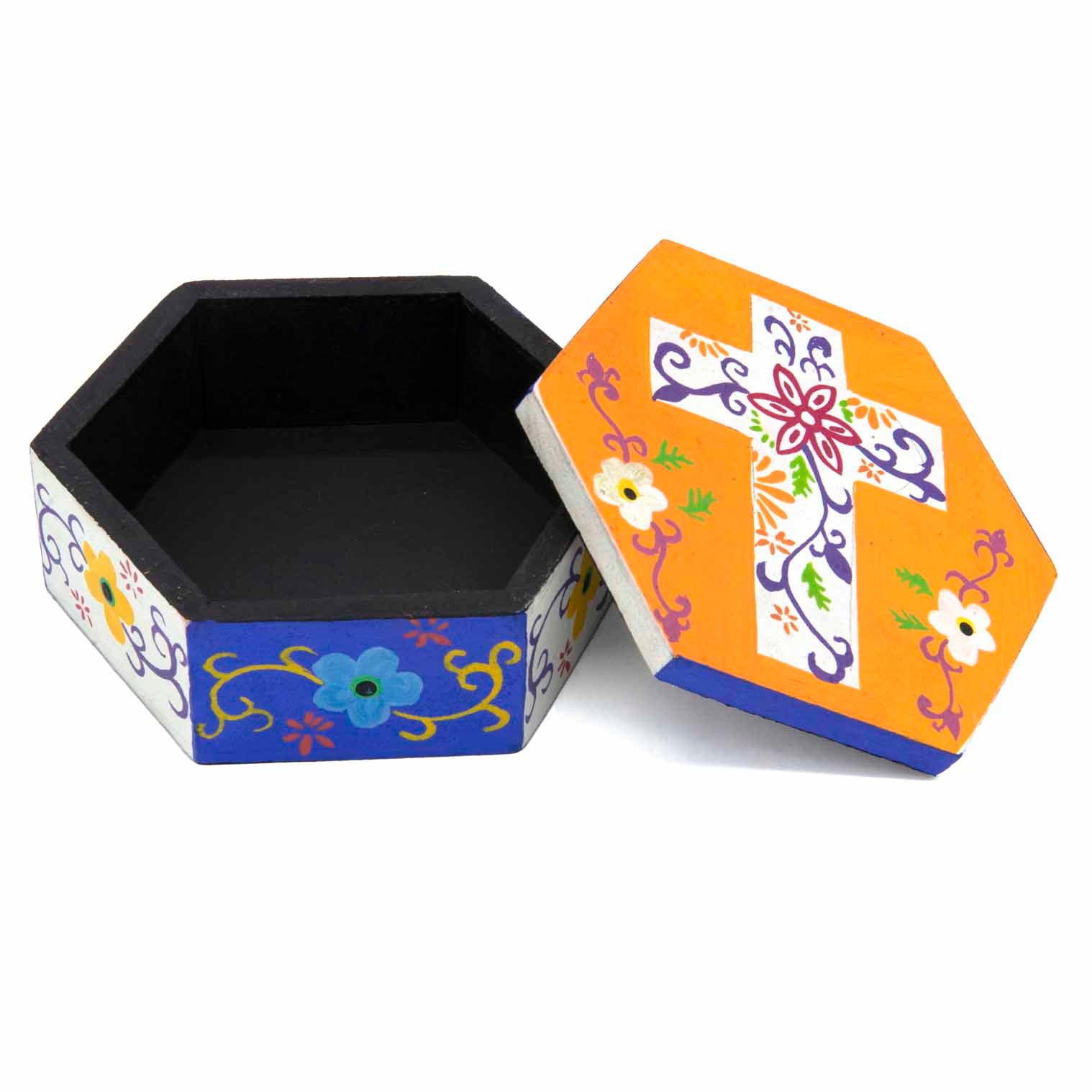 Hexagonal cross box with lid removed showing black interior and cross-painted lid, Indonesia