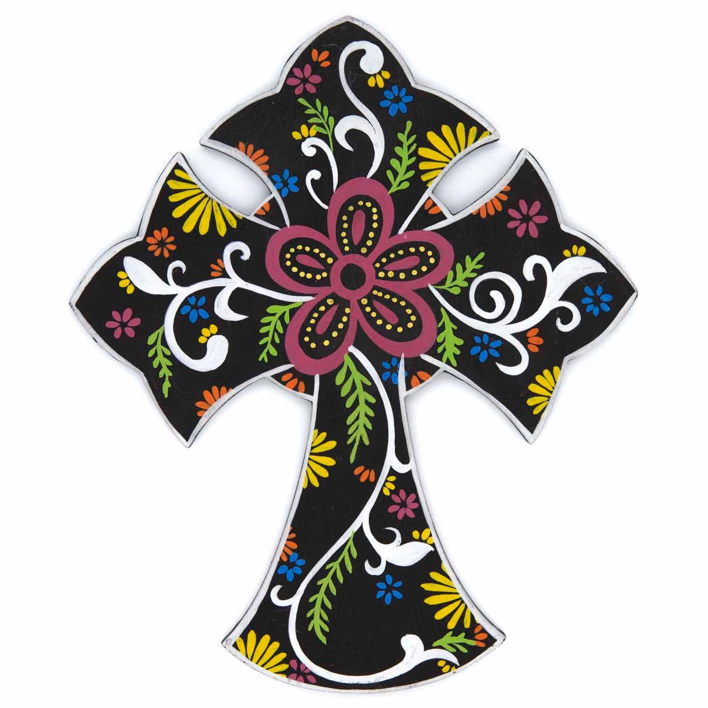 Front view of flared wood cross plaque, black ground with white scrollwork and central pink flower on white background