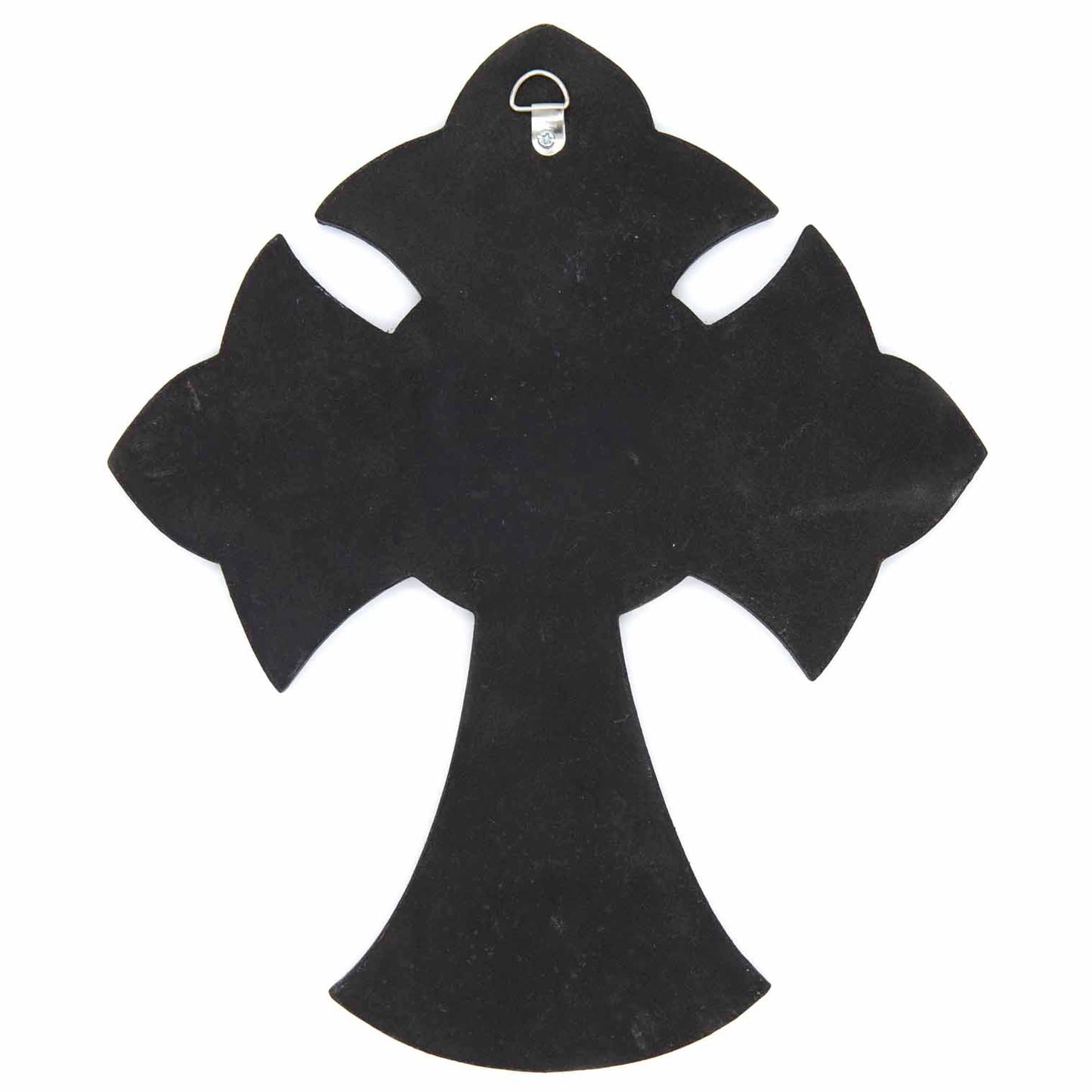 Reverse of painted wood cross showing plain black back and metal hanging hook