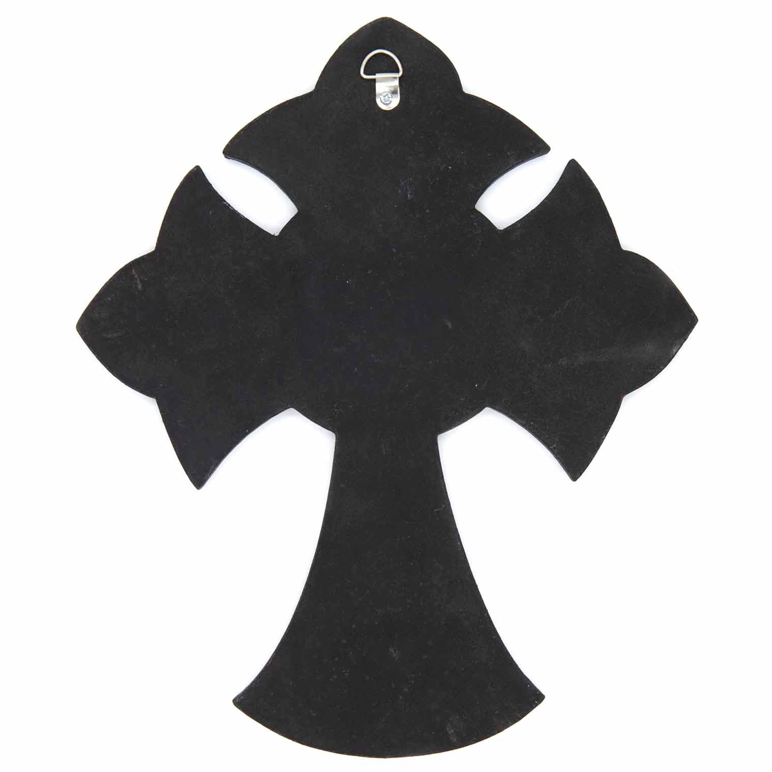 Reverse of painted wood cross showing plain black back and metal hanging hook