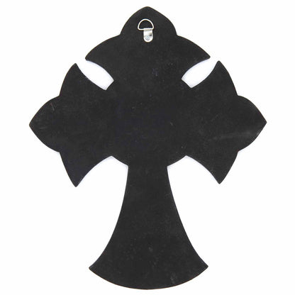 Reverse of painted wood cross showing plain black back and metal hanging hook