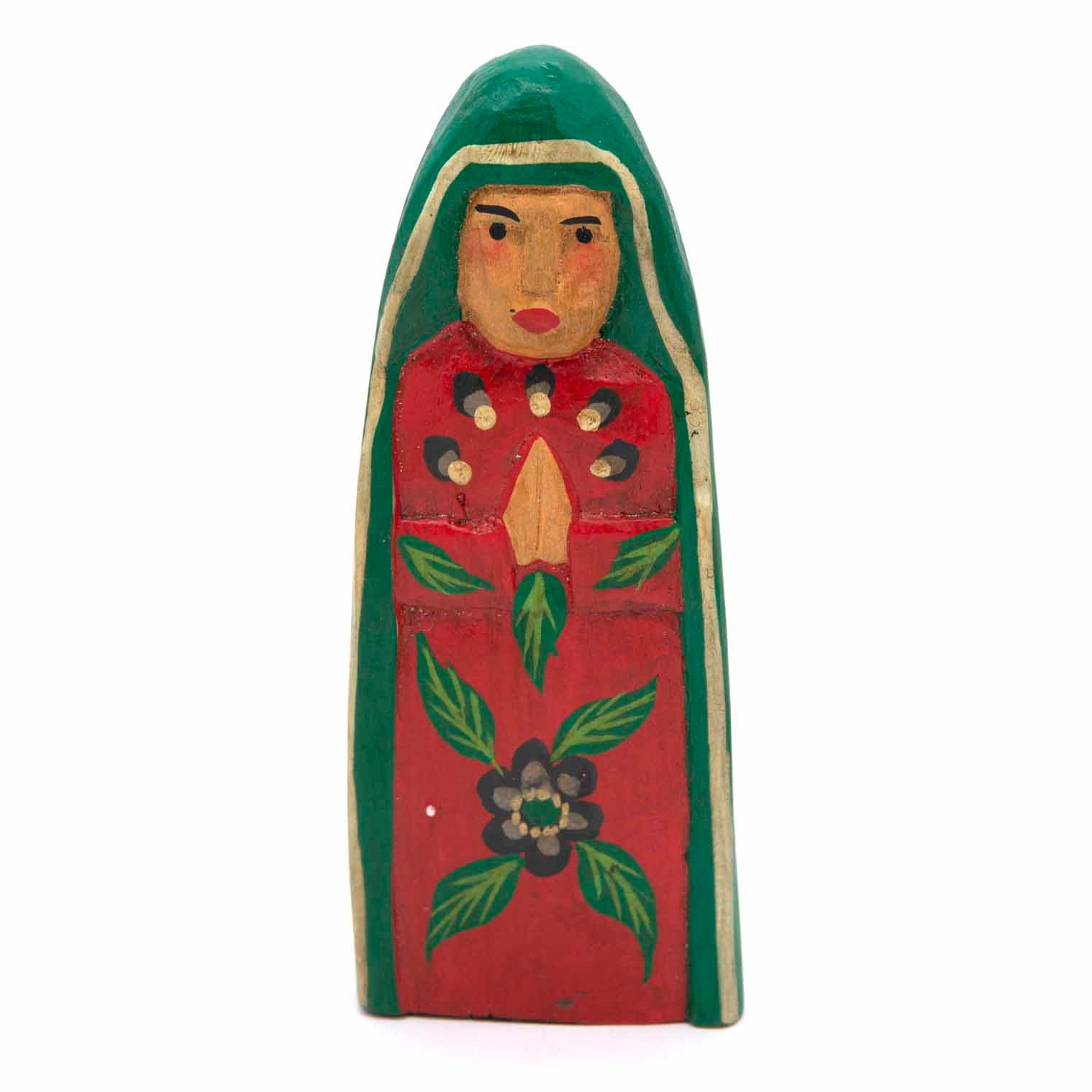 Carved wood Mary figure, front view, green hood and red robe with painted flower and leaf detail, Indonesia, 15cm high