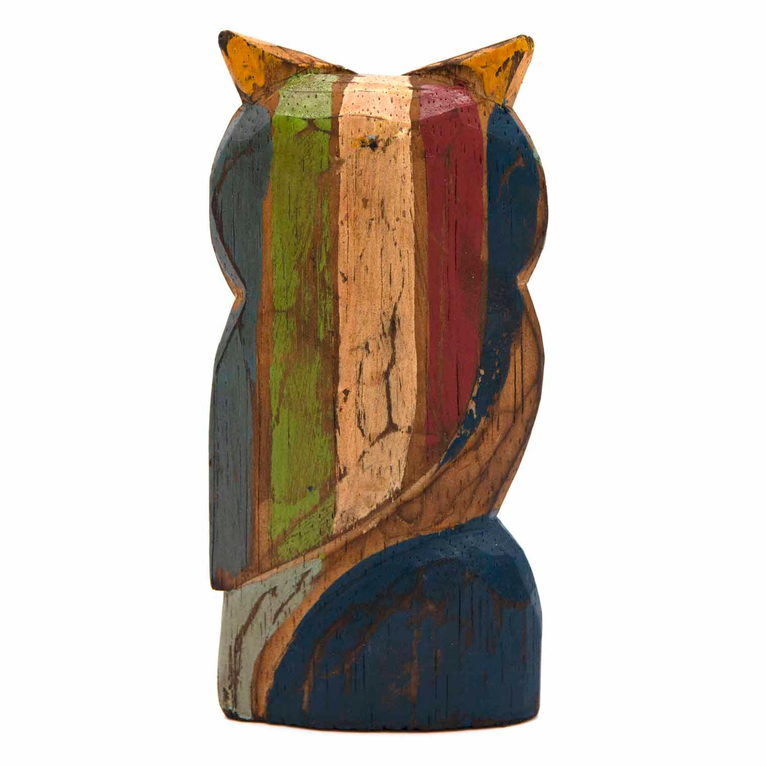 Painted wood owl figurine, rear view showing multicolour stripe pattern across back