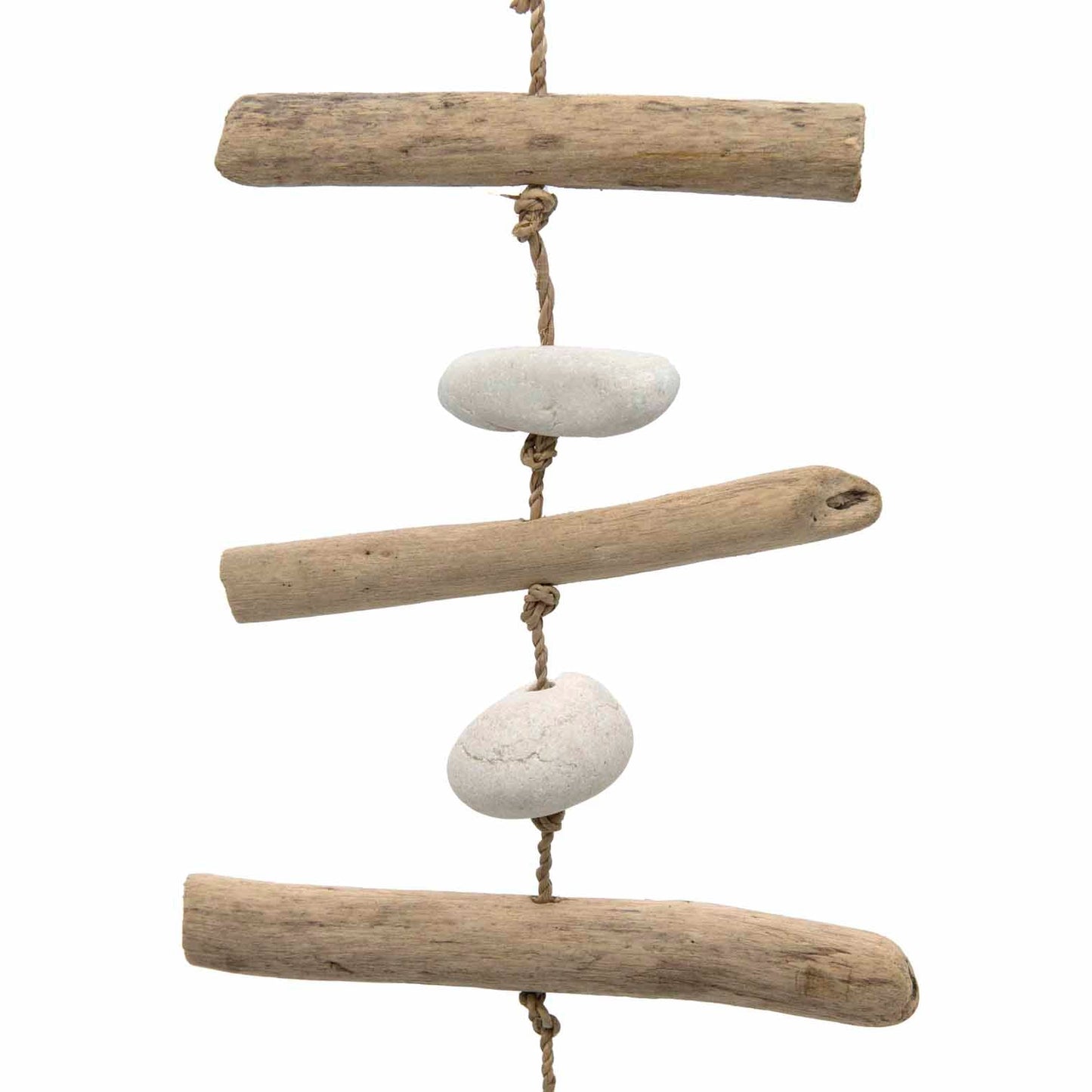 Detail of driftwood sticks and white pebbles on jute cord, seagull hanging upper section