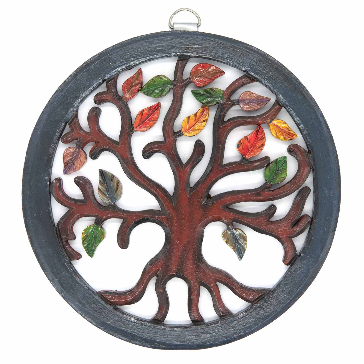 Front view of circular Tree of Life plaque with dark trunk, slate-blue ring and hand-painted red, amber and green leaves
