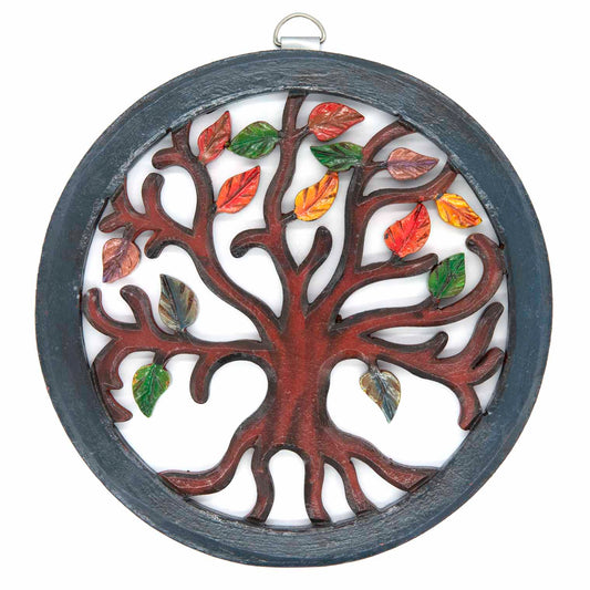 Front view of circular Tree of Life plaque with dark trunk, slate-blue ring and hand-painted red, amber and green leaves