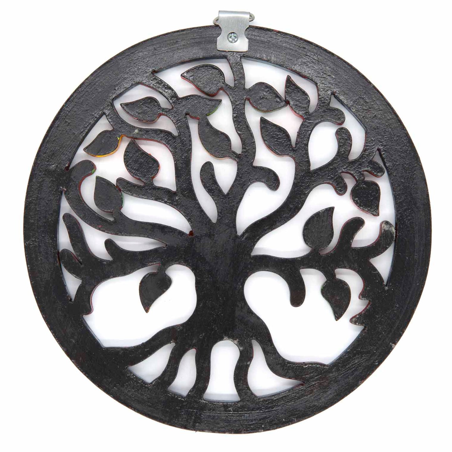 Reverse of circular Tree of Life plaque showing dark painted back and metal hanging bracket