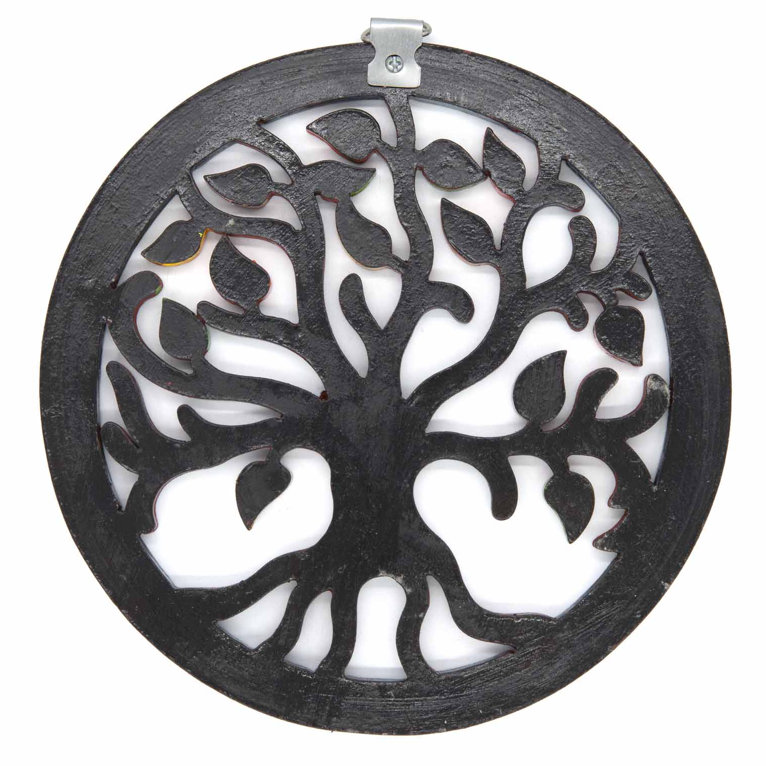 Reverse of circular Tree of Life plaque showing dark painted back and metal hanging bracket