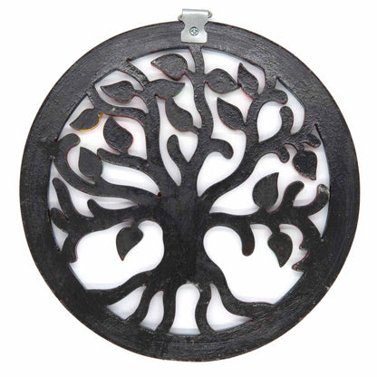 Reverse of circular Tree of Life plaque showing dark painted back and metal hanging bracket